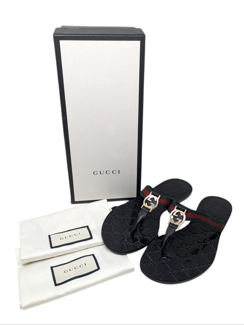Gucci Black Lifford Web Interlocking G Thong Flip Flop Sandals Size EU 39.5